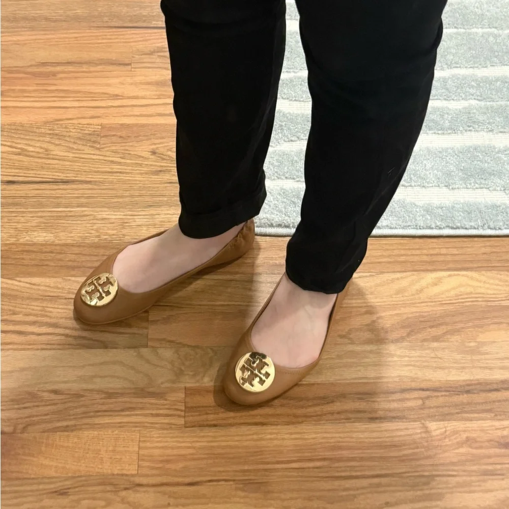 Tory Burch Minnie Ballet Flats- tan with gold logo